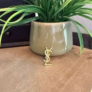Gold Tone YSL Logo Brooch Pin Minimalist Statement